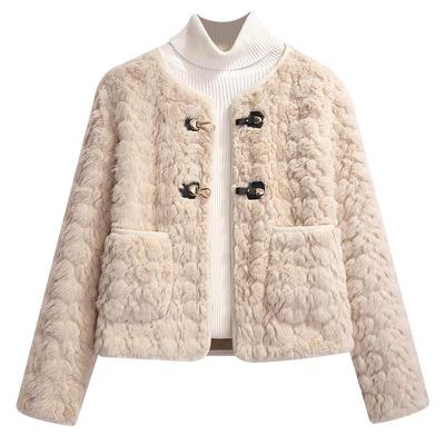 皮毛一体小香风羊羔毛绒圆领外套