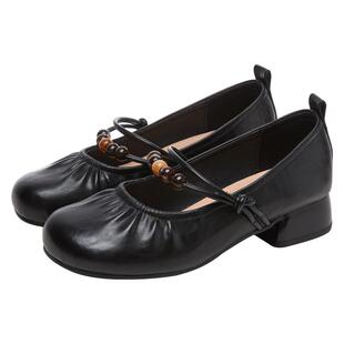 里奥莎莎浅口单鞋女2026春季真皮粗跟中跟尖头百搭软底大码妈妈鞋