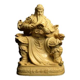 桧木精雕坐龙椅关圣帝君关公夜读春秋实木神像摆件家居镇宅工艺品