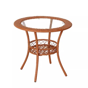 简约现代阳台储物小圆桌藤编玻璃茶几圆形饭桌小茶几休闲桌子餐桌