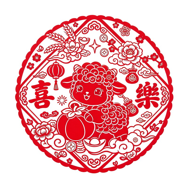 圆形红色剪纸窗花小羊喜乐牡丹灯笼元宝国风春节窗花防水装饰贴纸
