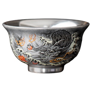 鱼化墨龙999纯银鎏银茶杯中式复古高档银器功夫茶具主人杯压手杯