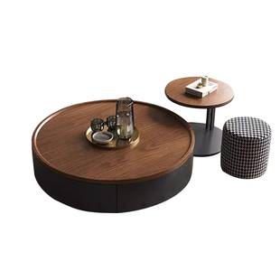 拉芙菲中古风圆形茶几客厅家用小户型新款黑色实木大小复古圆茶几