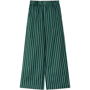 林乔芝2026春宽松裤子松紧条纹直筒棉阔腿裤