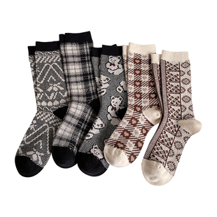 美式复古学院风纯棉袜子女秋冬加厚双针双路中筒袜女士透气不臭脚