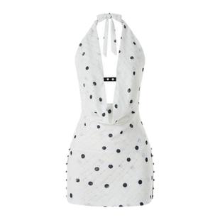 LSOUL 美式辣妹风白色波点挂脖连衣裙女无袖性感显瘦修身裙