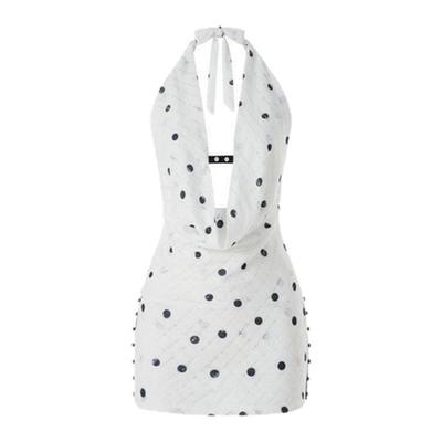 LSOUL 美式辣妹风白色波点挂脖连衣裙女无袖性感显瘦修身裙