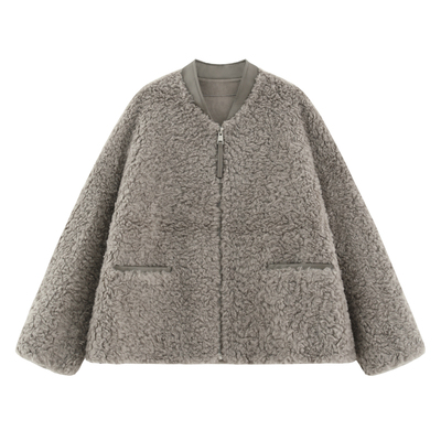 V领拼接拉链廓形毛毛外套