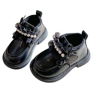 儿童皮鞋加绒短靴冬季新款英伦风女童珍珠公主鞋子保暖二棉马丁靴