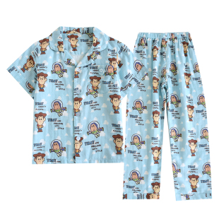 迪士尼巴斯光年儿童春夏薄纯棉纱布睡衣套男童空调短袖长裤家居服