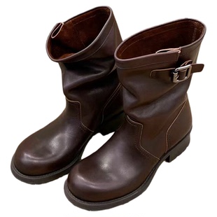 牛皮版~增高4cm两种筒高圆头扣带设计粗跟骑士靴女英伦复古短筒靴
