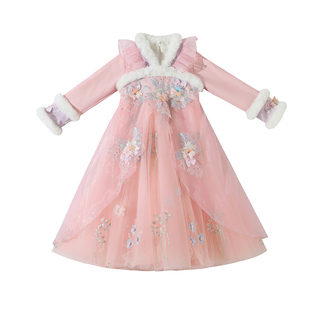 冬季女童古风加绒加厚汉服连衣裙中国风刺绣超仙飘逸粉色保暖长裙