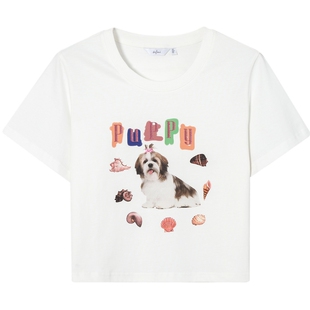 伊芙丽设计感夏日可爱小狗印花短款辣妹T恤女夏季短袖上衣女