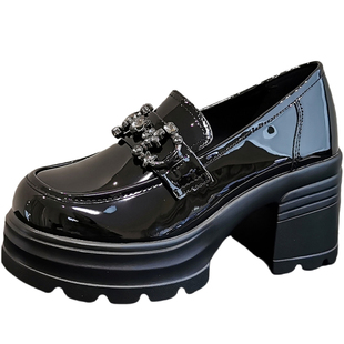 英伦风粗跟乐福鞋女2025秋季新款小个子增高8CM小皮鞋一脚蹬单鞋