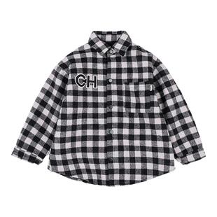 男童加绒衬衫冬装新年中大童毛呢黑白格子儿童摇粒一体绒衬衣