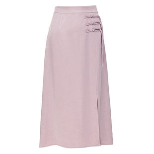 花木深紫色醋酸半身裙女新款开叉国风缎面直筒裙子盘扣新中式半裙