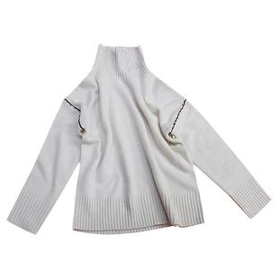 高领手绣羊绒毛衣秋冬女士长袖套头毛衫掉肩宽松休闲范慵懒风直筒