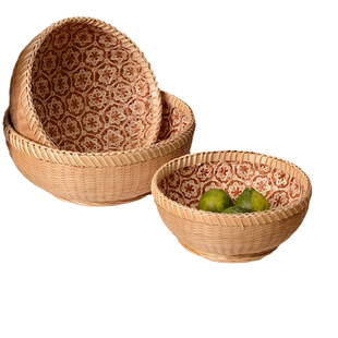 家用馒头盘竹编竹筐水果圆形制品收纳篮子农家竹篮手工筐子馒头筐