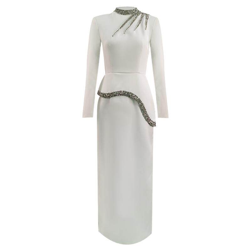 越南小众设计师轻奢重工水钻钉珠长裙晚宴礼服裙女收腰长袖连衣裙