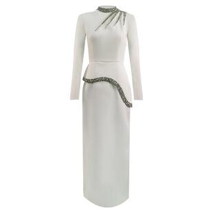 越南小众设计师轻奢重工水钻钉珠长裙晚宴礼服裙女收腰长袖连衣裙