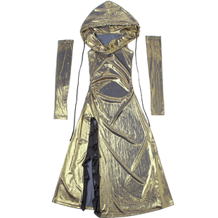 SylCue酷飒辣妹风亮面连帽连衣裙女带袖套性感废土沙丘风开叉长裙