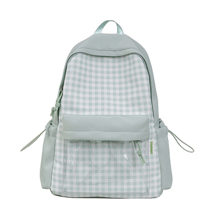 2026年超火双肩包女生初中生薄荷绿色痛包ins风小清新格纹书包女