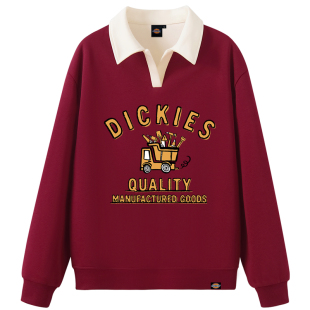 Dickies翻领卫衣女装秋季通勤设计感V领套头衫2026新款红色外套女