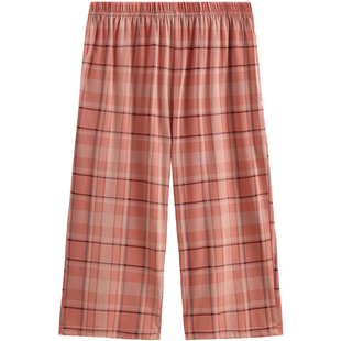 芬腾纯棉格子睡裤女夏季薄款透气七分裤新款全棉休闲可外穿家居裤