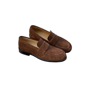 夏至英伦风小皮鞋女2023新款法式复古羊反绒粗跟单鞋一脚蹬乐福鞋