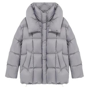 Basic House/百家好保暖御寒连帽方格羽绒服灰色中长款加厚外套女