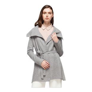 圣雪绒2019秋冬新品羊绒衫女士翻领宽松简约系带长款针织开衫