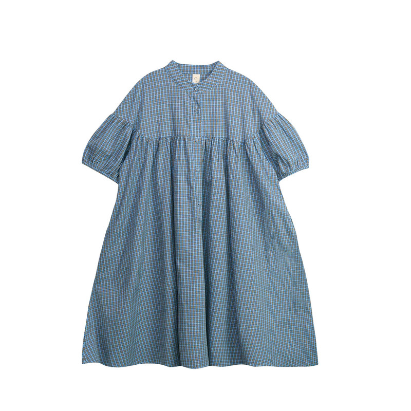 夏季女孩蓝色格子短袖纯棉连衣裙