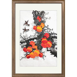 国画成品画芯未裱无款四尺斗方柿子纯手绘真迹工笔花鸟柿子装饰画