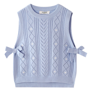 安奈儿童装女童毛衣针织背心秋新款纯棉甜美轻薄提花时尚弹力