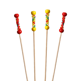 一次性水果签红色双珠签花签黄色线套签创意鸡尾酒签牙签艺术竹签