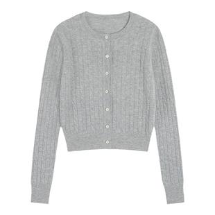 pusumede 红色麻花针织开衫女春秋新款圆领百搭毛衣外套短款上衣