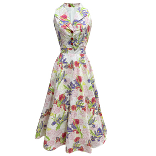 赫本风V领连衣裙法式复古碎花无袖裙收腰显瘦高级感印花长裙女夏