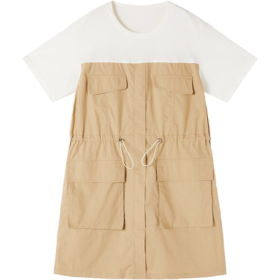 假两件拼接圆领贴袋连衣裙