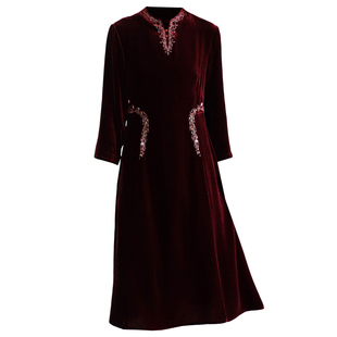 2025秋新款长袖高雅贵气质妈妈纯色桑蚕丝绸缎重磅真丝绒连衣裙女