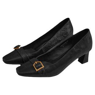 西村名物真皮高跟鞋女2026年春季新款方头浅口粗跟通勤时装单鞋