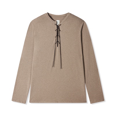 UNICA HOMME/王子奇同款 西部牛仔风_亚麻棉麂皮绳绑带领长袖T恤