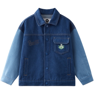 MQD童装男童牛仔外套春秋装款撞色字母儿童上衣翻领夹克衫