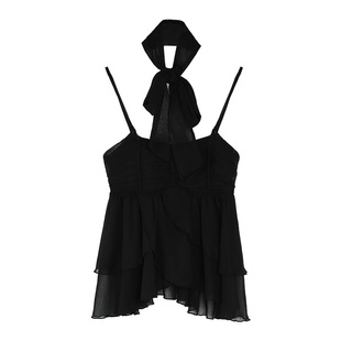 辰米范【现货6折】挂脖上衣女韩系双层下摆蛋糕雪纺吊带背心外穿