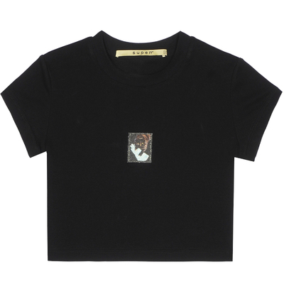 superr 小猫印花水晶饰布时尚百搭黑色紧身露脐收腰超短圆领T恤