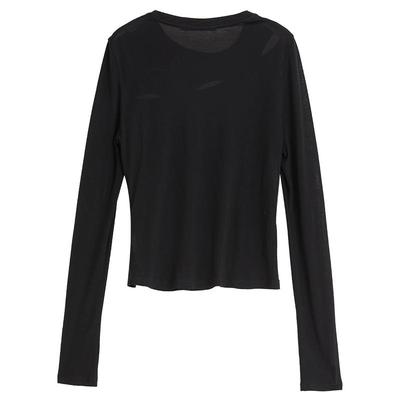 镂空圆领T恤女elle气质长袖上衣