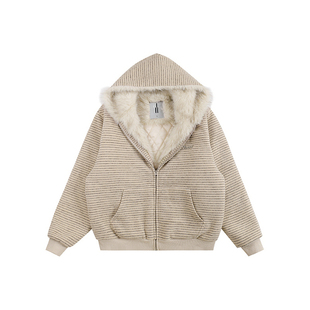 ATRY连帽夹克男冬季国潮牌美式复古条纹情侣夹棉保暖座山雕外套女