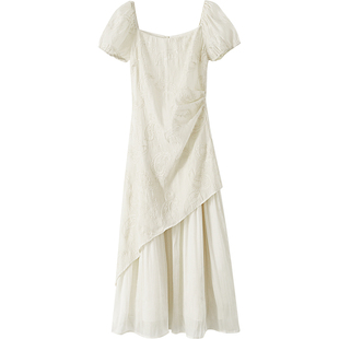 【清仓秒杀】夏法式气质裙子刺绣设计感小个子小众短袖杏色连衣裙