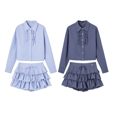 SOMESOWE 格纹木耳边短衬衫/百褶蛋糕裙