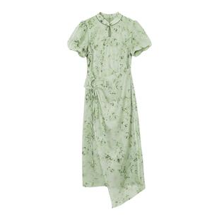 【竹影清风】飘蕾新中式旗袍裙女夏季新款泡泡袖开叉连衣裙
