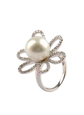 中古95新日本进口商品花形南洋珍珠钻石750白金50号戒指